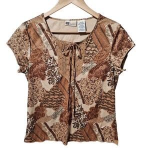 Vintage Y2K Faded Glory Brown Faux Suede Patchwork Top Crochet Trim Boho Medium